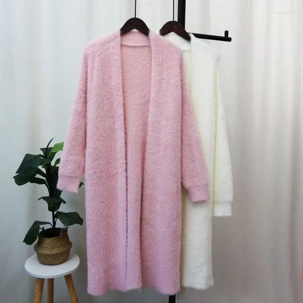 Frauen Strick koreanischer Stil Nachahmung Nerz Velvet Stricker Strickjacke Frauen Herbst Winter weiß rosa losen Gürtel weicher langer Pullover Mantel süß