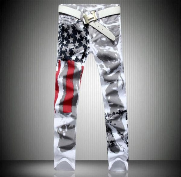 2017 Novo chegada masculino casual americano usa bandeira impressa calça masculina graffiti impressão de hiphop branco jeans5746306