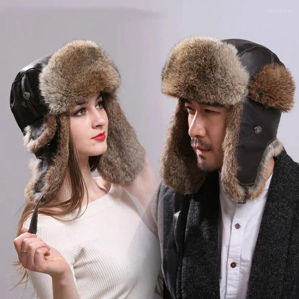 Berretti di bombe a bombardiere caldo unisex pelliccia vera con vera bocconcini in pelle berretto russo cappello da sci inverno maschio per donne