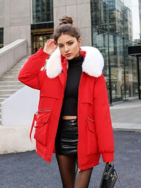 Kadın Trençkotları Kış Pamuk Ceket 2023 Kalın Yalıtım Uzun Parkas Büyük Boy Kırmızı Kapüşonlu Ceket Zarif Kadın Giysileri