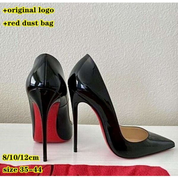 Designer Women High Heel Scarpe rosse Shiny Bottoms 8cm da 10 cm da 12 cm tacchi sottili Pompe da donna in pelle di brevetto nudo nero con sacca per polvere 34-42