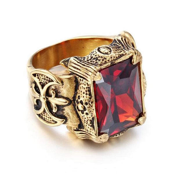 Vintage Gold Color Dragon Klaue Ringe HipHop Männer Edelstahl großes rot grün lila weiße Zirkonkristallstein Kreuz Ring 274b