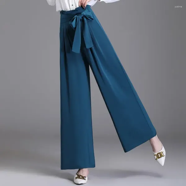 Женские брюки с высокой талией широкие ножки для одежды Женщины гладкие брюки моды Bow Fashion Blothers Bangage White Red Blue