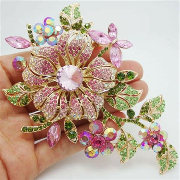 Yüksek kaliteli moda güzel orkide pembe rhinestone kristal çiçek gül broş pin252i