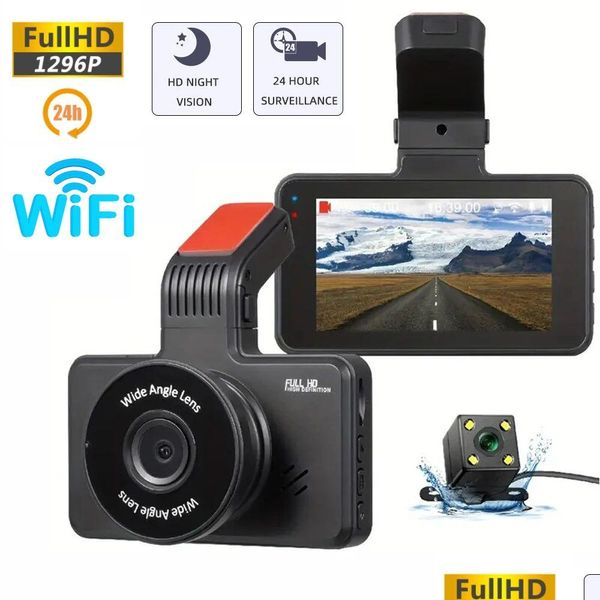 Auto dvr auto dvrs dash cam dvr 24h hd 1296p telecamera per videocamera a doppio lente dashcam del ciclo di scatola nera con videocamera notturno wifi g-sensore dhocd