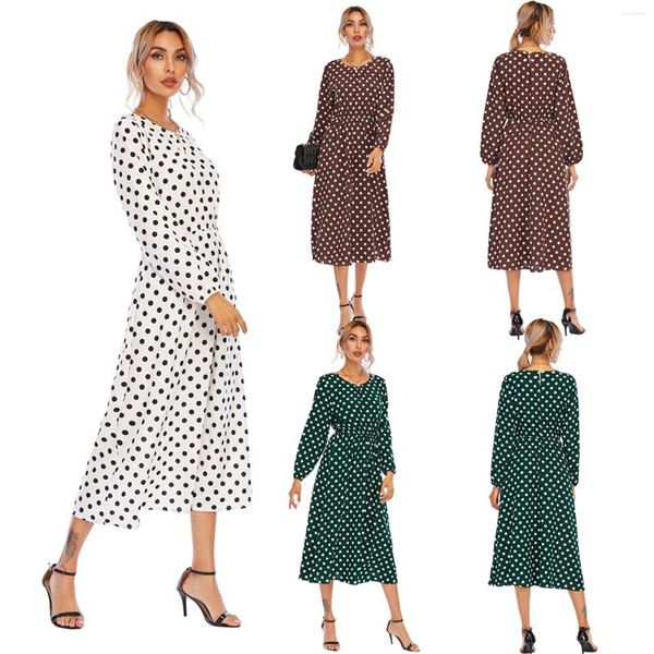 Gelegenheitskleiderparty elegant für Frauen Sprin und Herbst Chiffon Polka Punkt Druck runden Hals süßer Winter