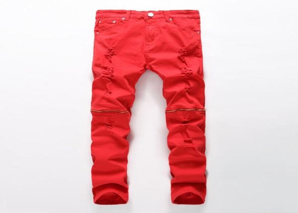 Os homens mais integrários rasgaram jeans vermelhos com zíper branco de zíper de jeans de jeans masculino punk rock rock de jeans de jeans de jeans de jeans P6262434