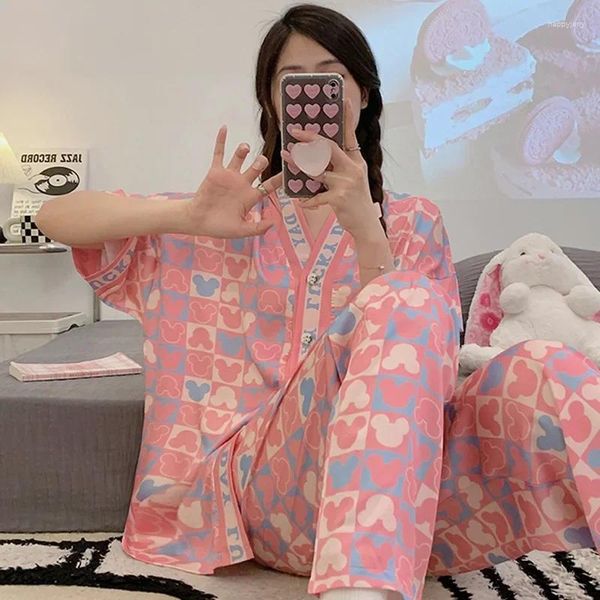 Frauen Nachtwäscheeis Ice Seide süße rosa Pyjamas Frauen dünne Sommer kurzärmelige lange Hosen Homewear Zweiteiler für Kawaii