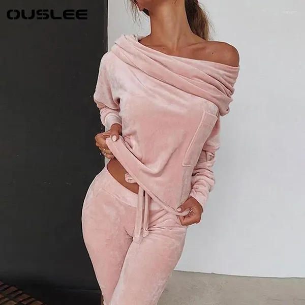 Frauen zweiteilige Hosen Ouslee-2-Stück Velvet Lounge Anzug für Frauen One Schulter-Sweatshirt-Sets Sport Wear Herbst-Trainingsanzug