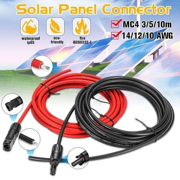 Acessórios Cabo de extensão do painel solar 1 par preto+fio vermelho conector do cabo fotovoltaico 10/12/14 AWG Cabo PV de fio de cobre AWG