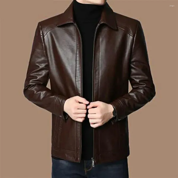 Jackets masculinos Menas de couro Faux Jacket com colarinho de suporte grossa de manga comprida com zíper para o outono