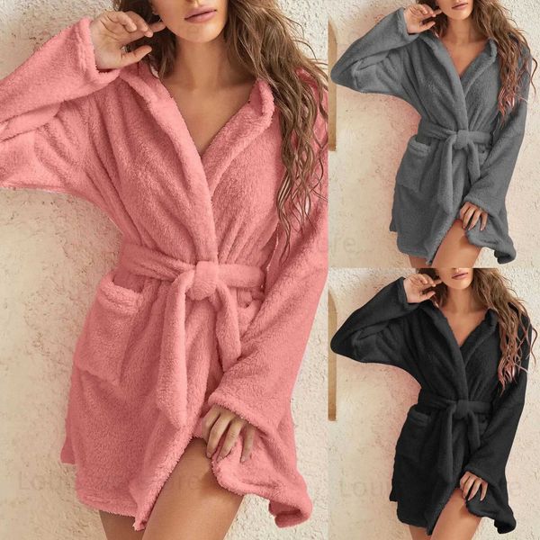 Indumenti da notte da donna Soid Color Warm Winter Robes for Ladies 2022 Pigiama di peluche Vestaglie con cintura Donna Homewear con cappuccio Accappatoio Sleepwear Donna T231223