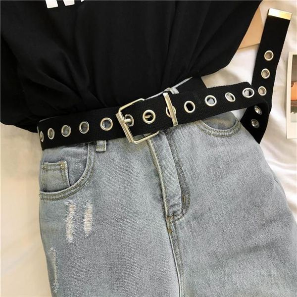 Cintos de personalidade longa harajuku anel casual cinto de metal preto estudantes Jean Canvas Cídhar da maré Silver Pin Buckle273U