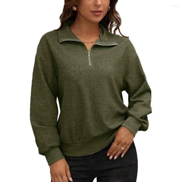 Blousies femininas Mulheres moletom de outono elegante Blusa de cor sólida de inverno com detalhes com zíper LONCE FIT LONGO LONGO LONGO PARA CASUAL