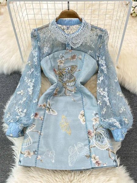 Abiti casual Fashion Runway Designer Vintage Party Dress Women Weaded ricamato in pizzo Diamond Butterfly Flower Jacquard
