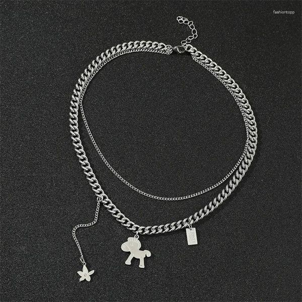 Anhänger Halsketten Koreanische Damen Doppelkette Halskette Edelstahl niedliche Tierstar Lady Charm Schmuckgeschenk