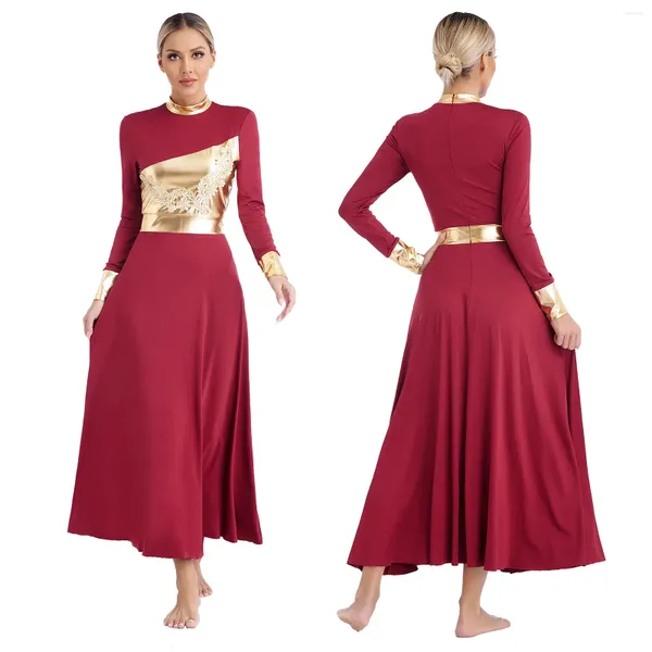 Bühne Wear Womens Liturgische Lob -Tanzkleid Metallic Shiny Color Block Langarm Applique Kirchenchor Anbetung Lyrische Tanzkleidung