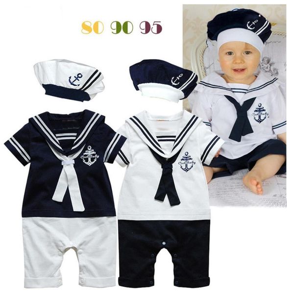 2019 Sommer Baby Junge Strampel Navy Style Turnenkragen mit Krawatte Kleinkindkostüm mit Hut Neugeborenen Baby Kleidung 809095 3pcslot A1630938