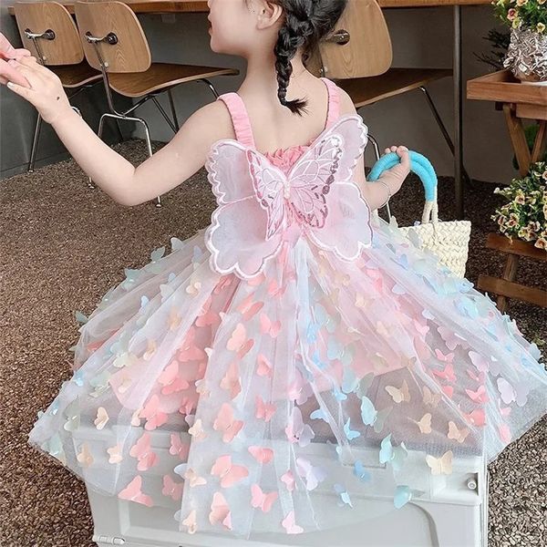 Kleinkind Baby Mädchen Prinzessin Schmetterling Flügel Feenkleid süßes süßes ärmelloses Riemen Falten Pink A-Line Tüll Tulle Tutu Kleid 231222