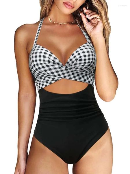 Stampa da bagno femminile Donna 2023 Summer Fashion Solid One Piece Swimsuit Tummy Control High Waist Halter Halter Cush Up Bareding Subito