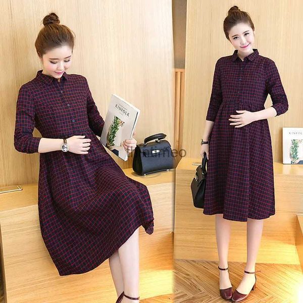 Damenblusen Hemden Mutterschaft kariertes Kleid Frühling Herbst Herbst Langarm Hemd Kragen Schwangerschafts Frauen Kleidung Mode hohe Taille Patchwork Schwangerschaftskleid YQ231223