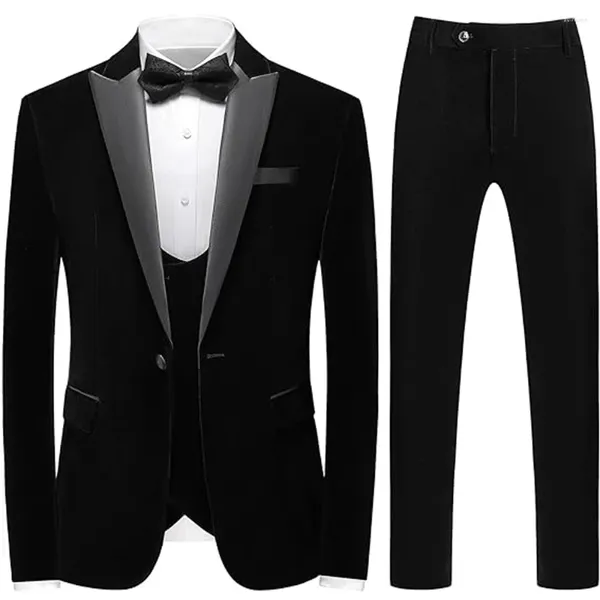 Ternos masculinos Men Men Velvet Tuxedo Jaqueta Casca de colete Só de peito de peito 3 peças Slim Fit pico de lapela um botão