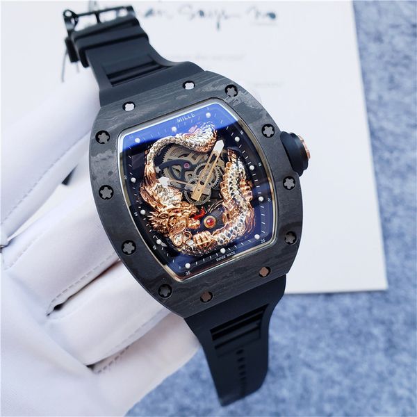 Brand de alta qualidade Richarx Millx Dragão de fibra de carbono e Phoenix Zodiac Skeleton Tourbillon Mens Assista Silicone Strap Sapphire espelho Mechanical Man Watch