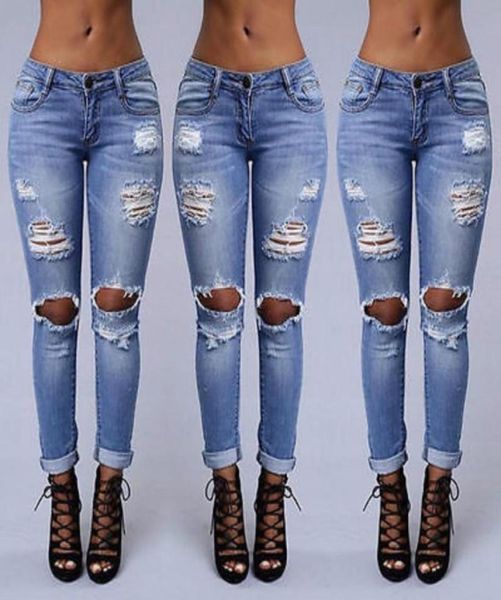 Whole Fashion Women Ladies Jeans Ripped Skinny Denim Hole Cut High Waisted Trousers1489168