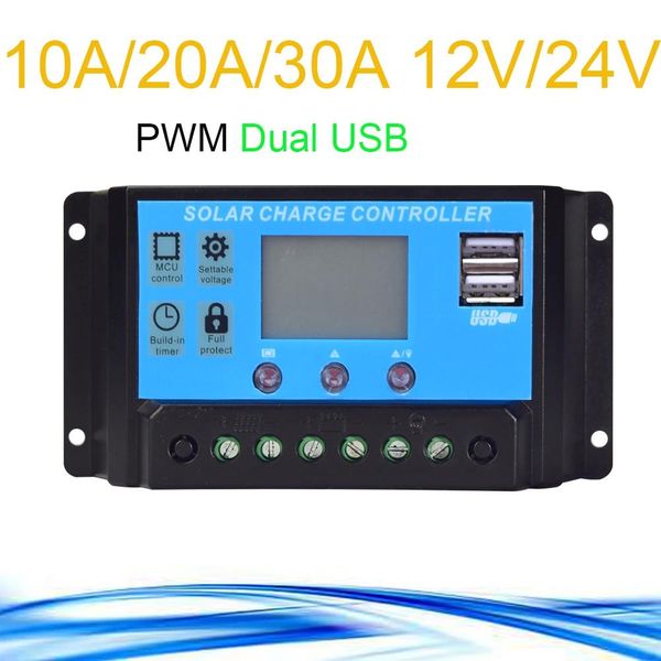 Acessórios 10A/20A/30A 12V 24V Controlador de carga solar automático Controladores PWM LCD Dual USB 5V Saída Sistema de painel solar Kit DIY Regulador PV