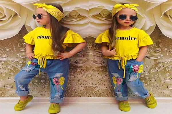 Baby Girls Kleidung Sommer Herbst Anzüge gelber Buchstaben Kurzarm T -Shirt Jeans Stirnband 3pcsset Pailletten Balloons Hosen Kinder Cl5843776