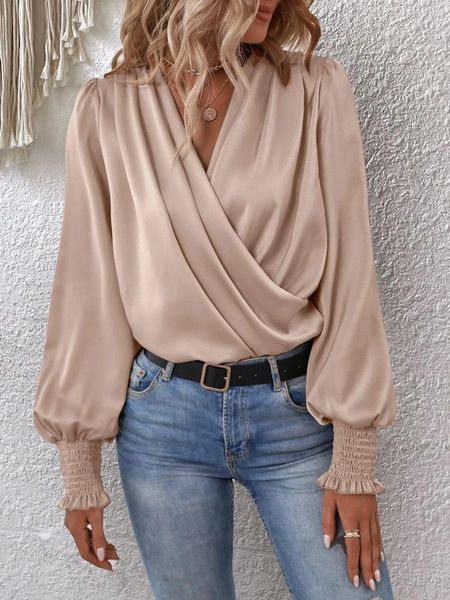 Frauenblusen Herbst Mode elegante Solid Colorover V-Ausschnitt Bluse Streetstyle Streetstyle Lose Laterne Langarm Langarm sexy Top Frauen