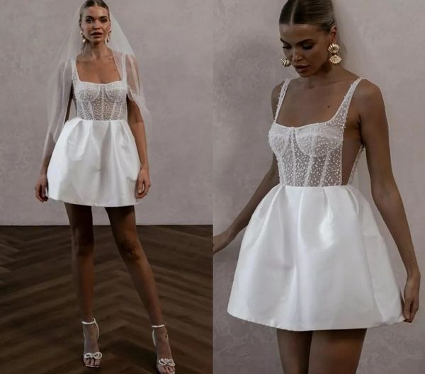 Vintage Kısa Bir Çizgi Gelinlik 2024 Spagetti İncileri Üst Saten Kemik Korse Gelin Partisi önlükleri Vestido de Novia Robe de Mariage