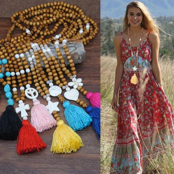 2020 Moda Long Chain Wooden Beads Boho Jóias Mulheres Butterfly Heart Star Charms Colorful Tassel Colar