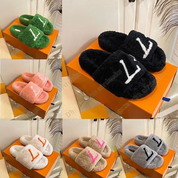 Designer de chinelo superior para mulheres senhoras luxuosas sandálias fofas de inverno Slides de inverno Mantenha a casa quente sliders de mula plana para casa Plataforma de sala Fuzzy Sandles sapato de areia