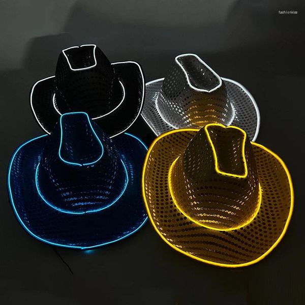 Berets Mode El Wire LED Glühen Braut Hut leuchtende Western Cowboy Cap mit Lights Club Requisiten Cosplay Kostüm