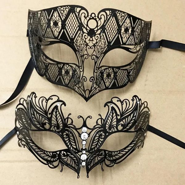 Masken Luxus Silber Männer Frauen Liebhaber Paar venezianische Party Masken Black Metal Lasercut Weihnachtskostüm Shows Hochzeit Masquerade Maske Set Y2