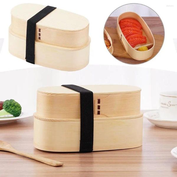 Abendessen 1l Doppelschicht Zwei Gitter Bento Box Student geteiltes Holz Mittagessen Essstäbchen Sushi mit Kids Riemen F3I1