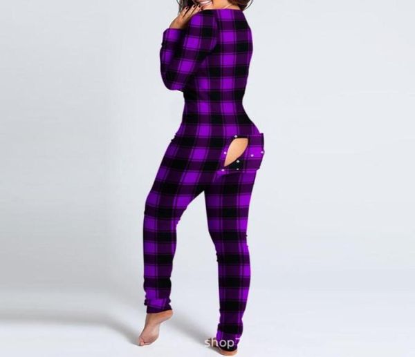 Frauen Jumpsuit sexy Onesies Ein Stück Erwachsene Nachtwäsche mit Buflap Plus Size Rompers Plaid Vneck Langarm Pijama Overalls Wome6192542