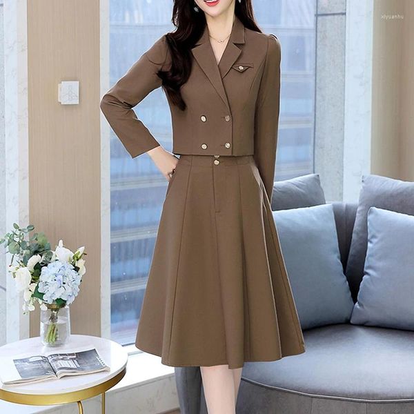 Abito da due pezzi Blazer Sumping 2 pezzi Outfit Women Weeeve Coat Long Crop Coat Small Blazer High Waist Mid Skirt Street Autumn Set