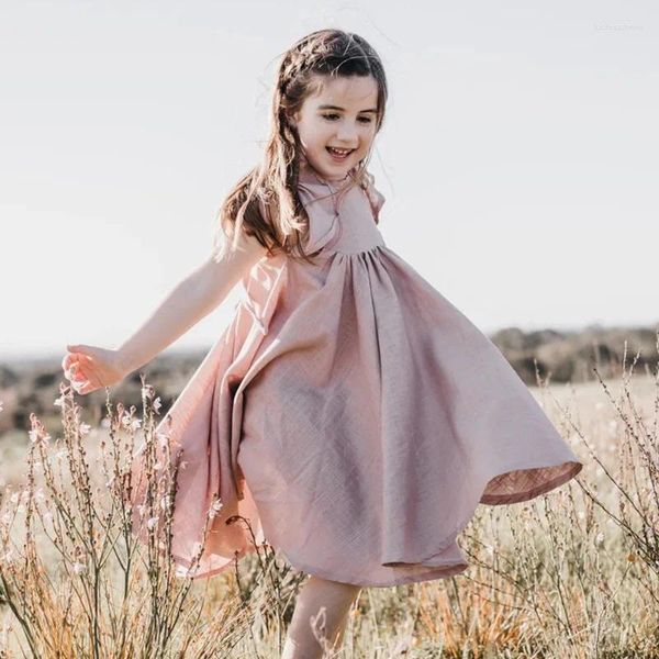 Mädchenkleider Rüschen Spitze Kleinkind Strandkleid Sommer Weiche atmungsaktive Wäsche Baumwoll Kinder Boho für Kinder spielen Vestidos 1-6 Jahre