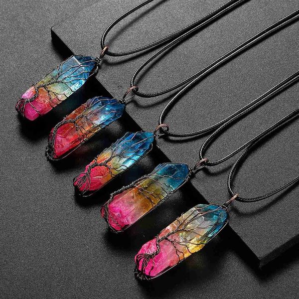 Árvore da vida revestida de titânio Rainbow Rock Quartz Chakra Colar Colar Colar Copper Wire envolto Cura Irregular Rough Pontoned Gemst295i