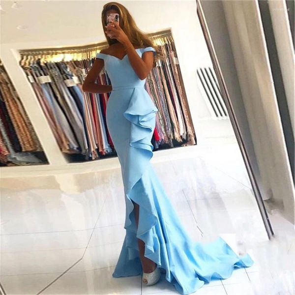 Abiti da festa semplici eleganti blu blu fuori dalla spalla lunghi volantni della moda abiti da ballo formale Vestidos de festa longo