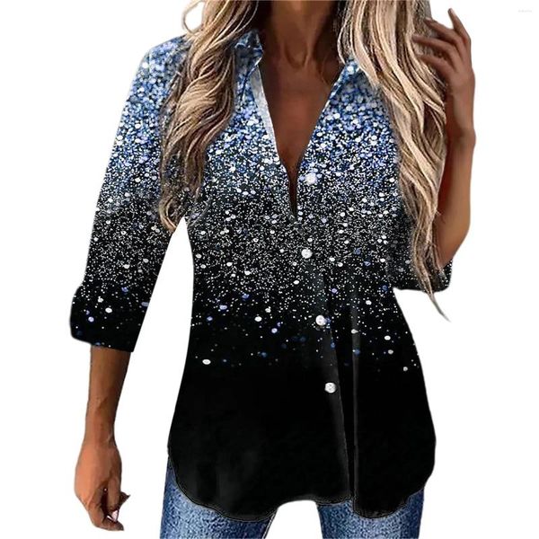 Frauenblusen Frauen Tops und 2024 Womens Pailletten Druck gegen Hals Glitzer Glitzer loser Langarm Holiday Evening Party