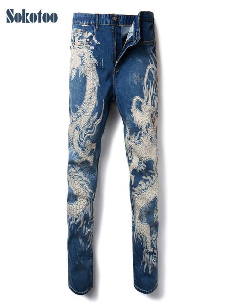 Sokotoo Men039s Fashion Dragon Stampa jeans Dranaggio colorato maschio pantaloni di denim dipinto elastico pantaloni lunghi neri Y190723013737994