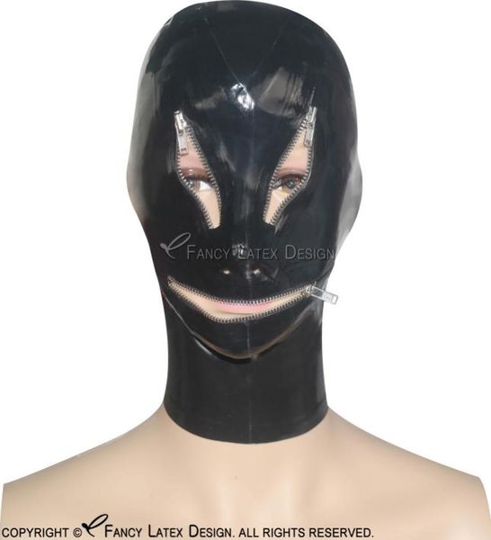 Schwarze sexy Latexhaube mit Reißverschluss auf den Augen Mund Öffnen Sie Reißverschluss an der hinteren Nasengummi -Maske Plus Size 00191751561