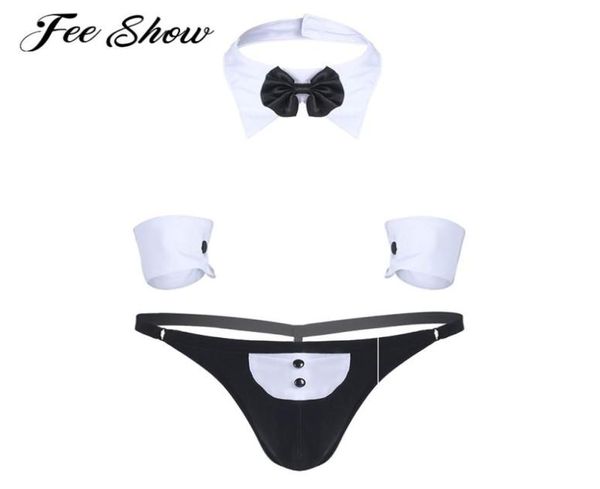 BRAS Sets 3pcs Neuheit Herren Kellner Tuxedo exotischer Dessousanzug Sissy Höschen offen gstring thong schwule Unterwäsche für Männer costum4436328