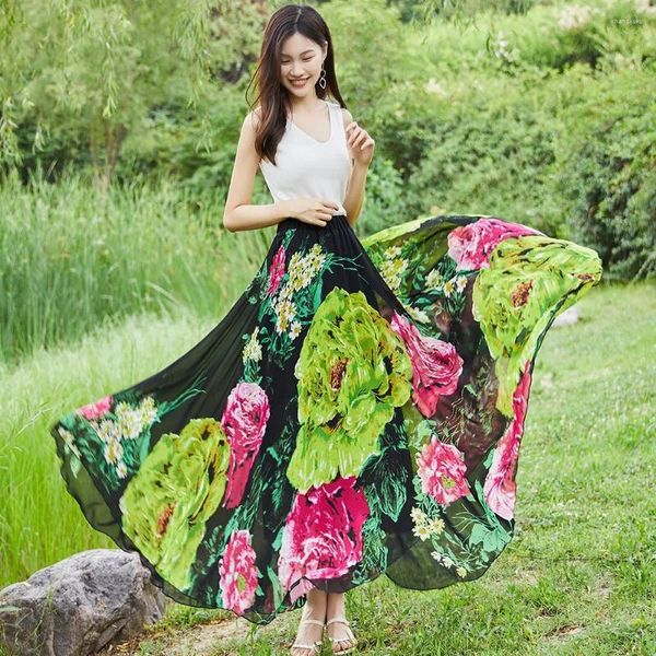 Signe di alta qualità femminile in vita femminile Beach Dance Beach A-Line Donne estive Big Hem Floral Maxi