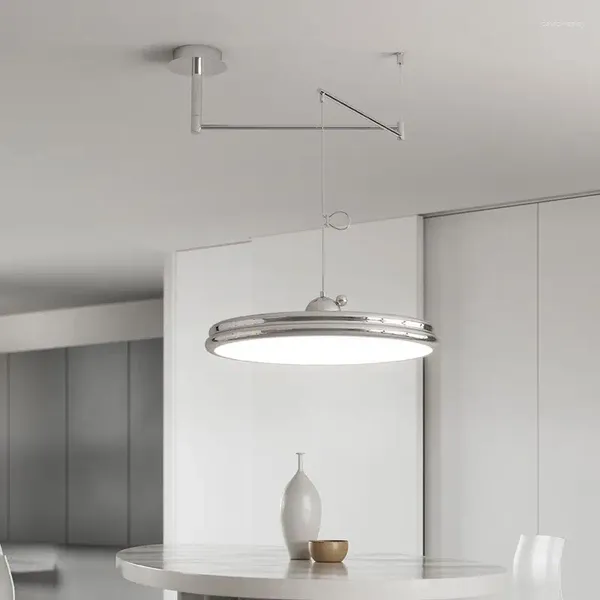 Lampadiers moderni lampadario cromato argento leggero bracci lunghi swing a sospensione di lampade per lo studio dell'ufficio tavolo da pranzo Illuminaire a 360 ° Ruota braccio