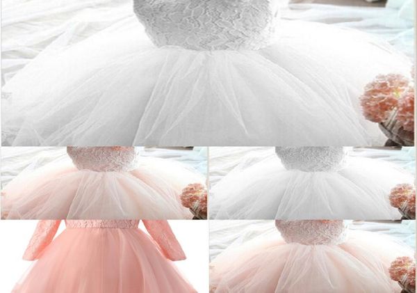 Neugeborenes Baby Kleid Vestido Infantil Baby weiß rosa Spitze Babykleid Hochzeit Kleider Langarmes Mädchen Taufe 1 Jahr Q122780224