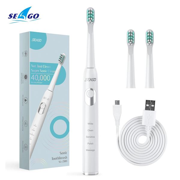 Escova de dentes Seago Sonic Electric Toothbrush Chargable 5 modos clássico rosa branco 3 escova de cabeça fácil de transportar à prova d'água adulta 2303